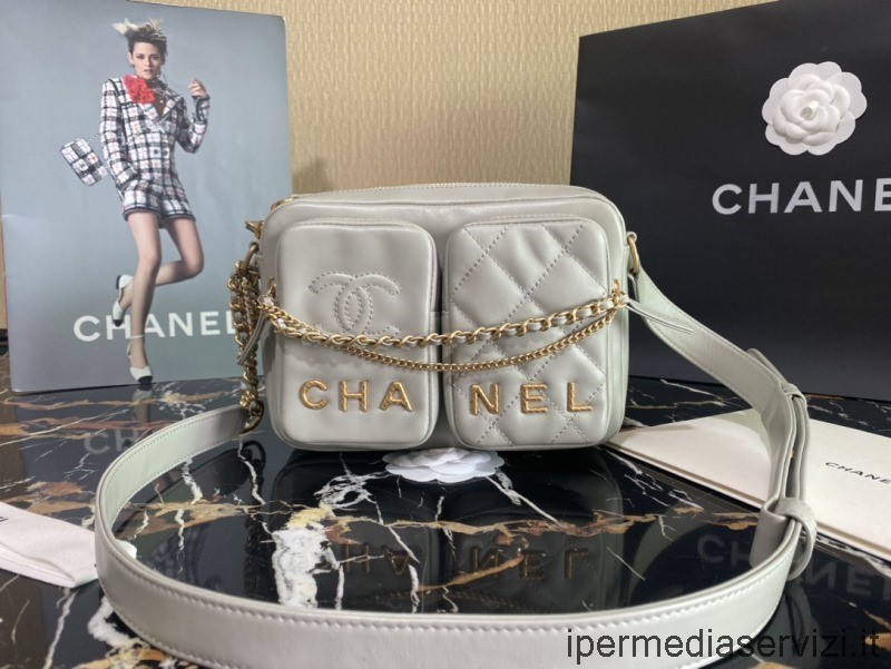 Replika Chanel 2022 řetízkového Pouzdra Na Fotoaparát S Kapsou Z šedé Teletiny As2923 20x14x9cm