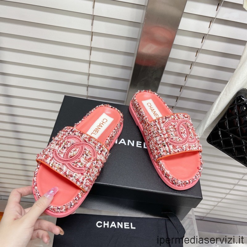 Replika Chanel 2022 Cc Logo Růžové Tvídové Skluzavky Ploché Sandály 35 Až 41