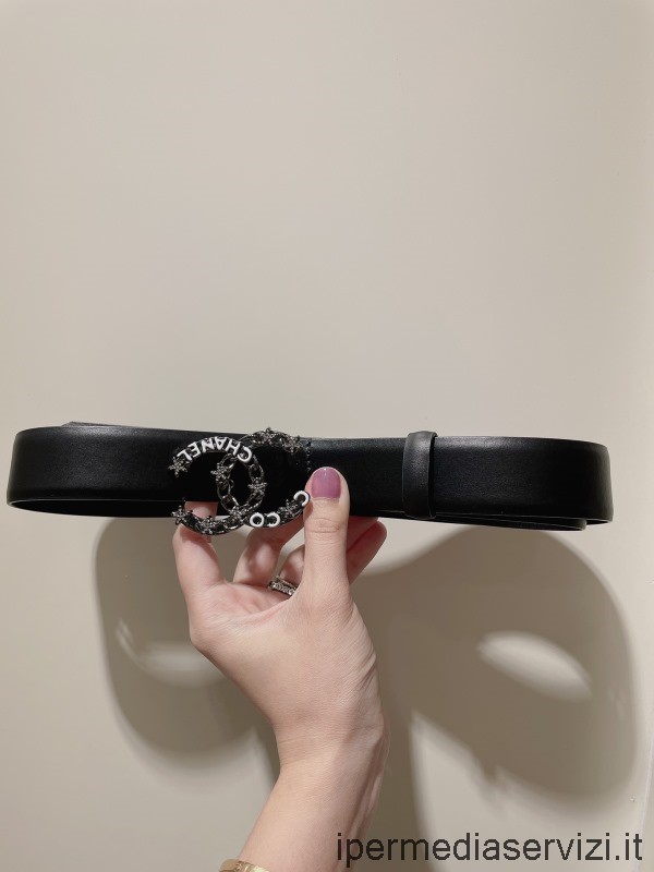 Replika Chanel Cc Logo černý Kožený Pásek 30mm