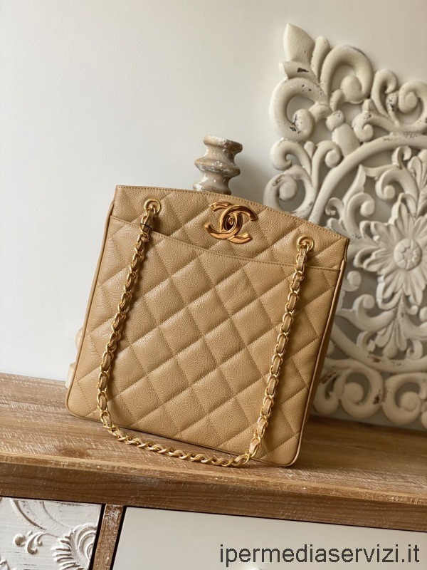 Replika Chanel Vintage Nákupní Taška S Logem Střední Velikosti Cc Z Béžové Kaviárové Kůže 28x9x30cm