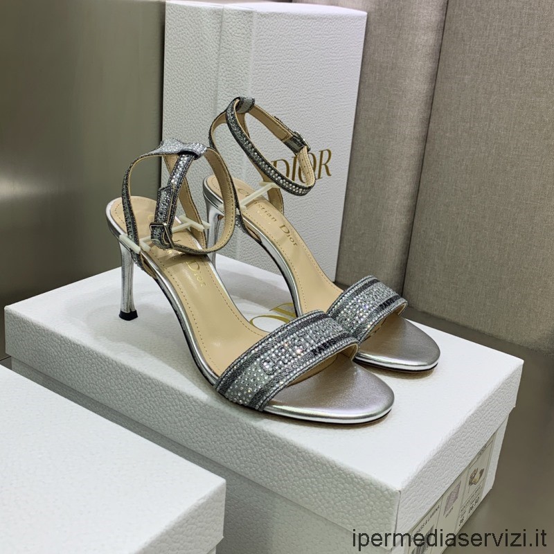 Replika Dior 2022 Dway Sandál Na Podpatku Ze Stříbrné Bavlny Vyšívané Metalickou Nití A štrasem 85 Mm 35 Až 44