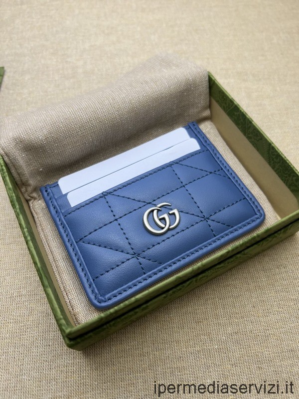 Replika Kožené Peněženky Na Karty Gucci Gg Marmont Matelasse V Modré Barvě 443127