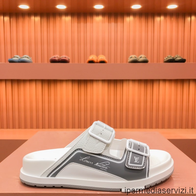 Replika Louis Vuitton Kultovní Lv Trenažér Ploché Mule Sandály V šedé Telecí Kůži 38 Až 44