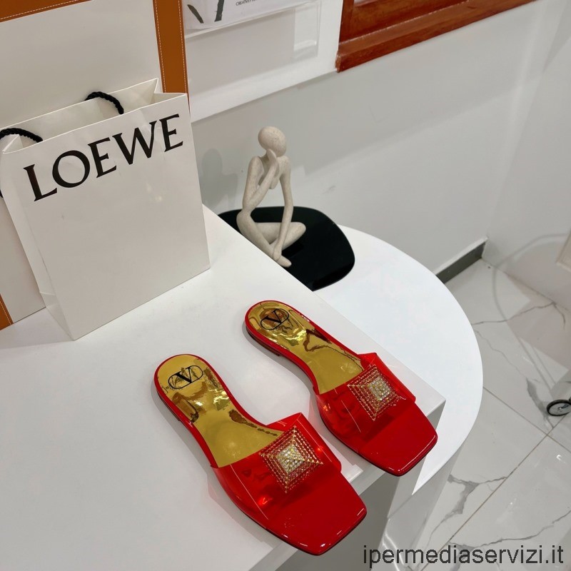 Replika Valentino Křišťálových římských Sandálů S Plochými Skluzavkami V červené Barvě 35 Až 43