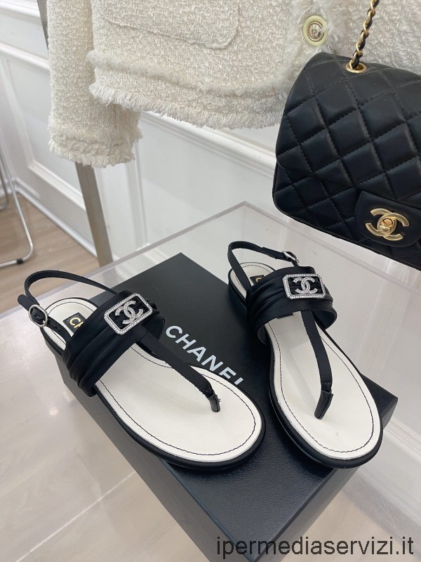 Replika Chanel Crystal Cc černý Plochý Sandál Z Jehněčí Kůže 35 Až 41