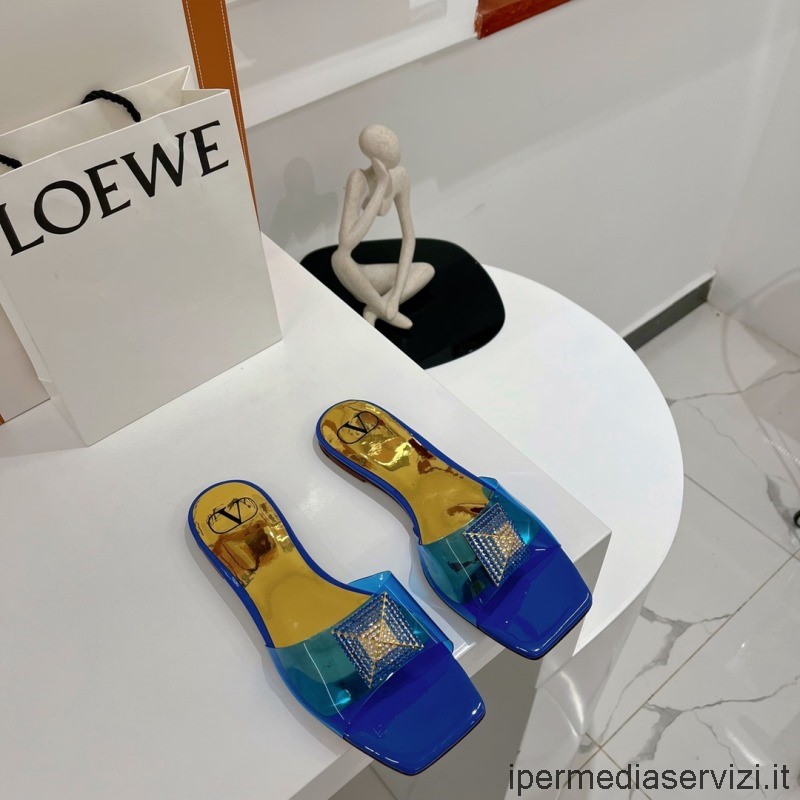 Replika Valentino Křišťálových římských Sandálů S Plochým Skluzem Z PVC V Modré 35 Až 43