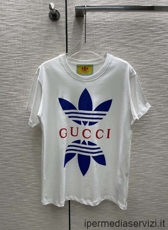 Replika Gucci X Adidas Bílé Bavlněné Tričko S Výstřihem Sml