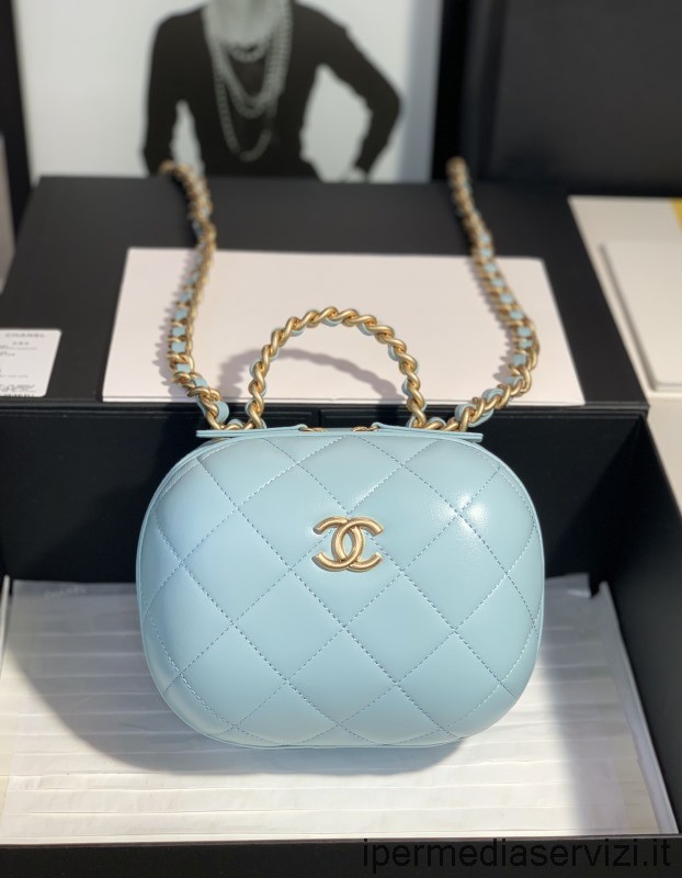 Replika Chanel 2022 Světle Modrý Malý řetízkový Kosmetický Kufřík S Horní Rukojetí As3066 13x16x10cm