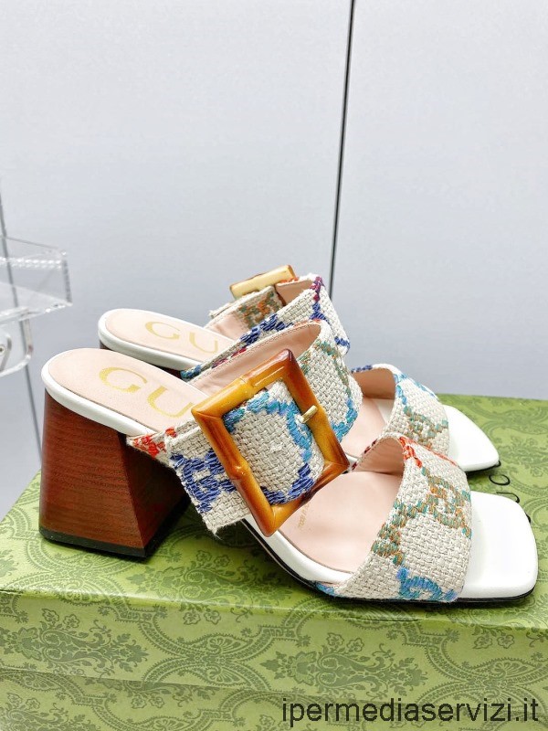 Replika Dámských Sandálů Na Podpatku Gucci Vícebarevné Gg Lněné Tkaniny S Bambusovou Přezkou 70 Mm 35 Až 41