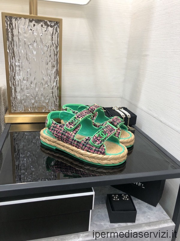 Replika Chanel Cc Dad Espadrille Plochý Sandál Ze Zeleného Tvídu 35 Až 41