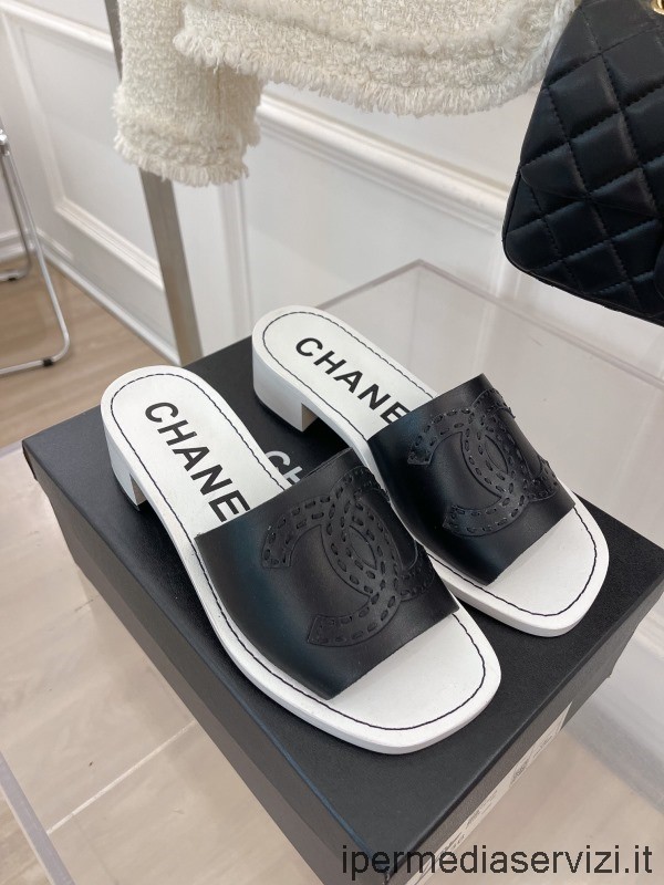 Replika Chanel Cc Logo černá Telecí Kůže Sandál Na Podpatku 45 Mm 35 Až 41