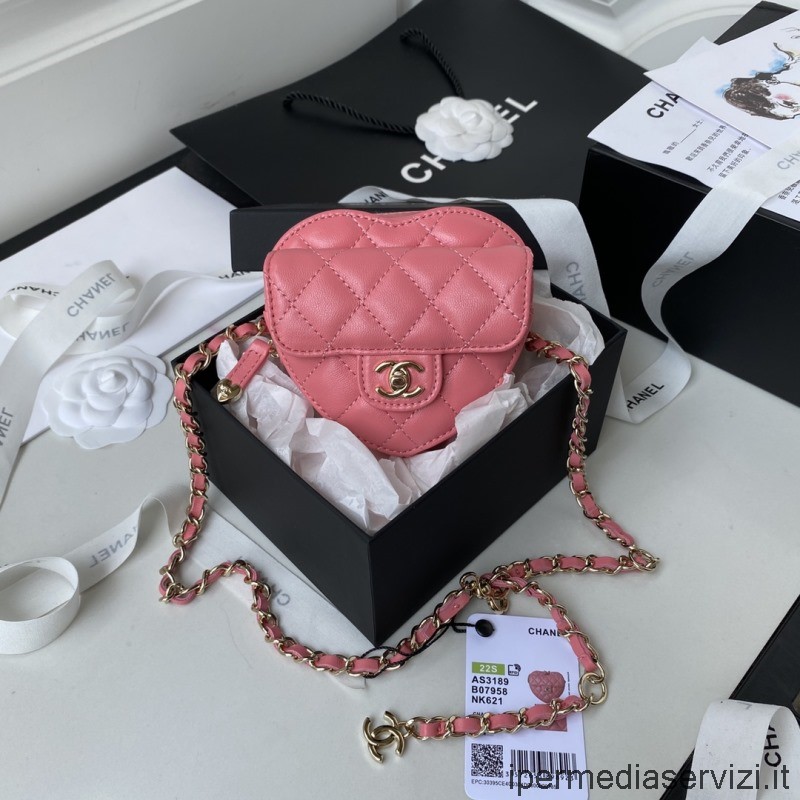 Replika Chanel 2022 Srdeční Spojka S řetězem V Růžové Jehněčí Kůži As3189 8x11x5cm