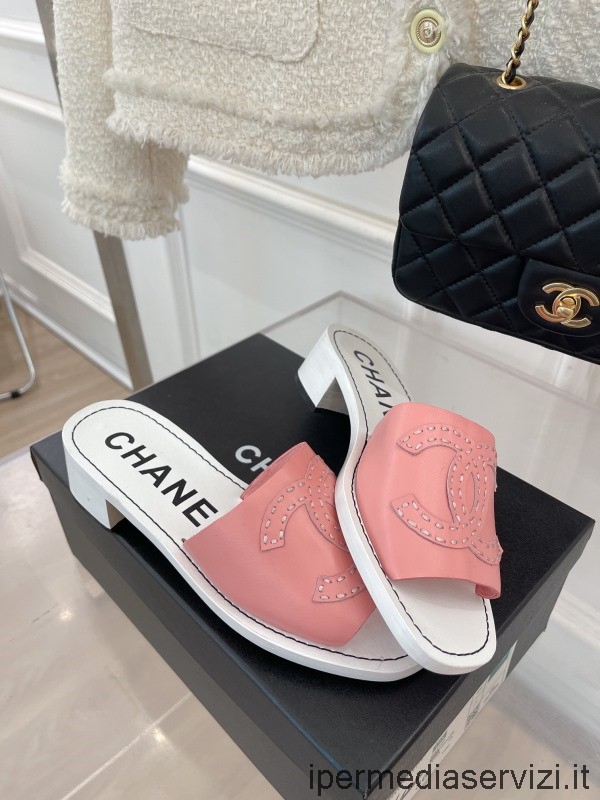 Replika Chanel Cc Logo Růžový Sandál Na Podpatku Z Telecí Kůže 45 Mm 35 Až 41