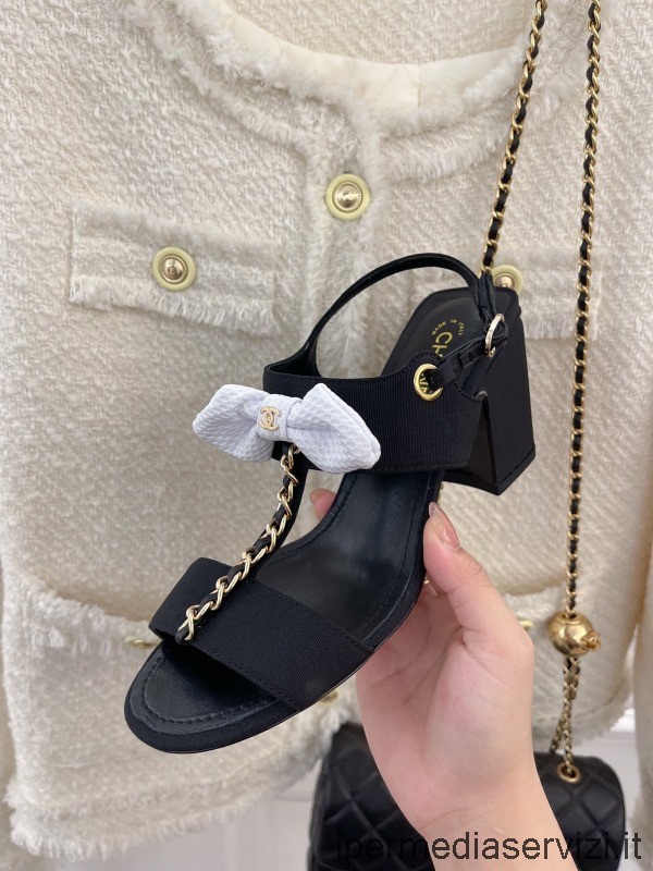 Replika Chanel Cc Luk Sandál Na Podpatku V černé Kůži 75 Mm 35 Až 40
