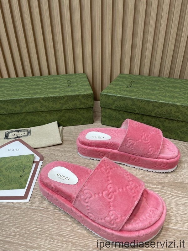 Replika Dámských Tmavě Růžových Sandálů Z Bavlněné Houby Gg Na Platformě Gucci 35 Až 43