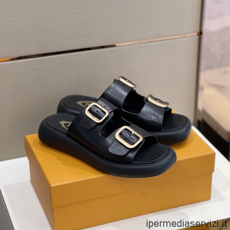 Replika Značkových Kožených Sandálů S Kovovými Přezkami V černé Barvě 35 Až 44