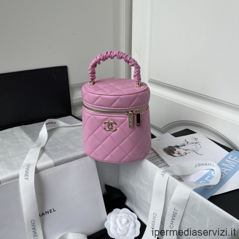 Replika Toaletního Kufříku Chanel 2022 S Horní Rukojetí Z Růžové Jehněčí Kůže Ap2730 13x13x11cm