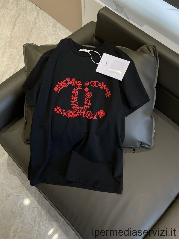 Replika Chanel Cc Logo Výšivka černé Bavlněné Tričko Sml