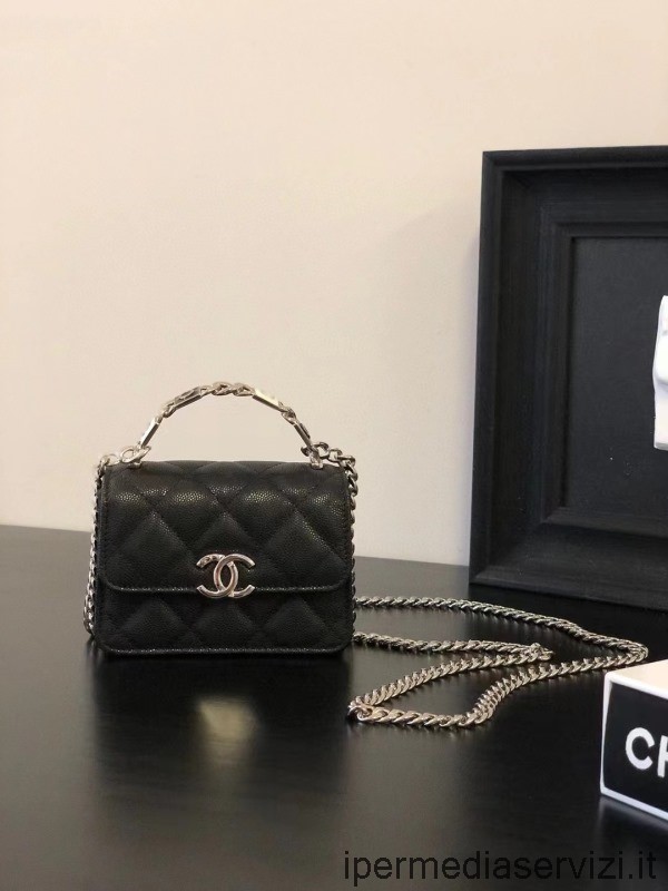 Replika Chanel Cc řetězová Spojka S Horní Rukojetí Z černé Kaviárové Kůže Ap2758 9x13x6cm