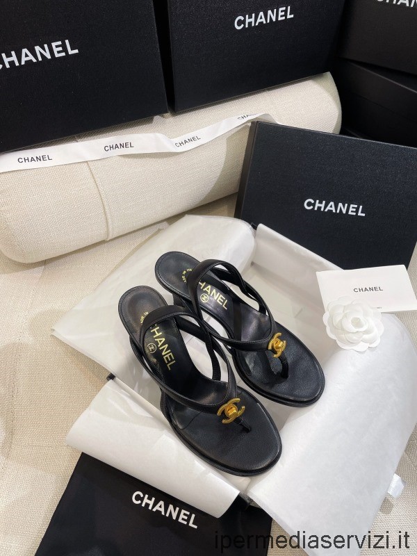Replika Chanel Vintage Vypnout Logo Cc černá Kožená Tanga Sandály 60mm 35 Až 40