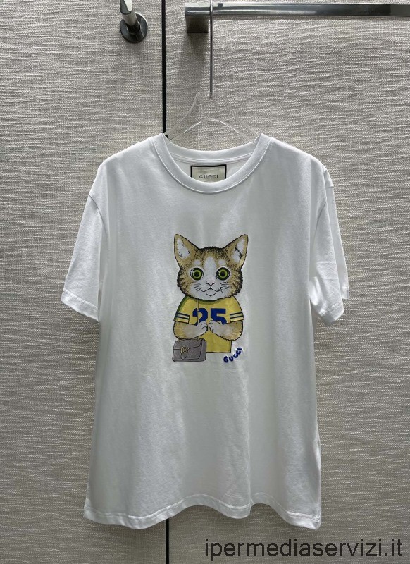Replika Gucci 2022 Potisk Kočky Bílé Tričko Z Bavlněného žerzeje Sml