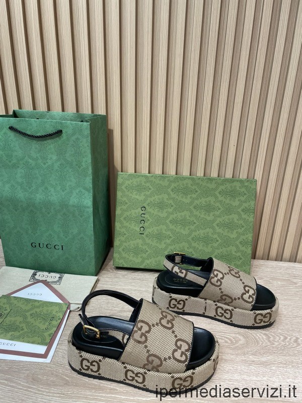 Replika Gucci 2022 Dameplatform Beige Gg Jumbo Supreme Flad Sandal I Lærred 35 Til 43