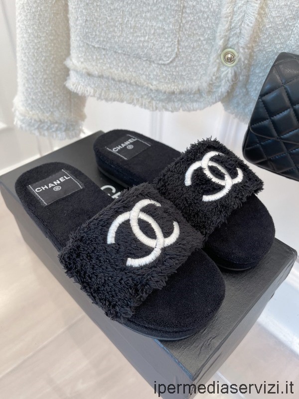 Replika Chanel Cc Logo Sort Shearling Platform Flad Glidende Sandal 35 Til 41