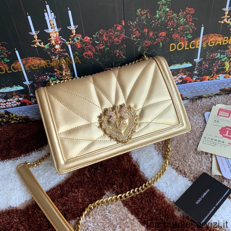 Replika Dolce Gabbana Lille Devotion Flap Taske I Guld Læder 26x18x7cm