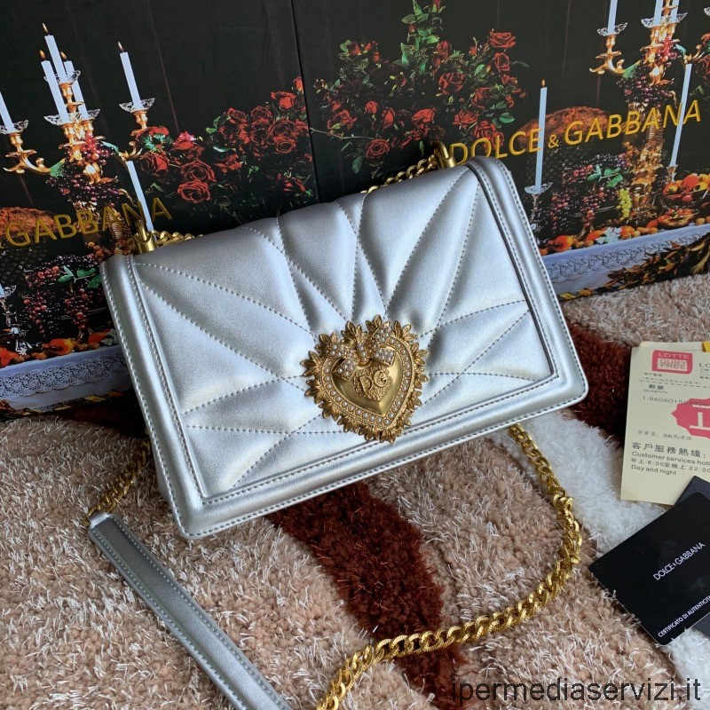 Replika Dolce Gabbana Lille Devotion Flap Taske I Sølv Læder 26x18x7cm