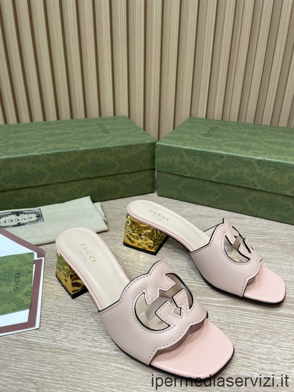 Replika Gucci Sammenlåsende G-udskårne Gucci Sandaler Med Hæle I Pink Læder 55 Mm 35 Til 42
