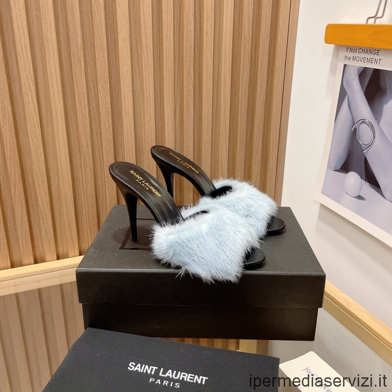 Replika Saint Laurent Roy ægte Mink Stilet Pels Skridsikker Sandal I Blå 90 Mm 35 Til 40