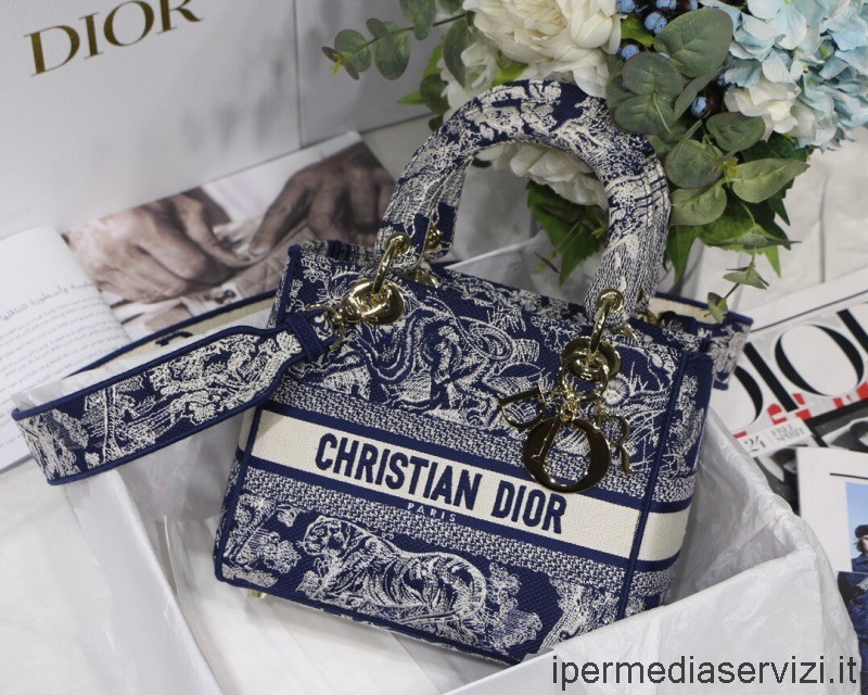 Replica Dior Medium Lady D Lite Schulter Umhängetasche In Blauer Toile De Jouy Reverse Stickerei 24x20x11cm
