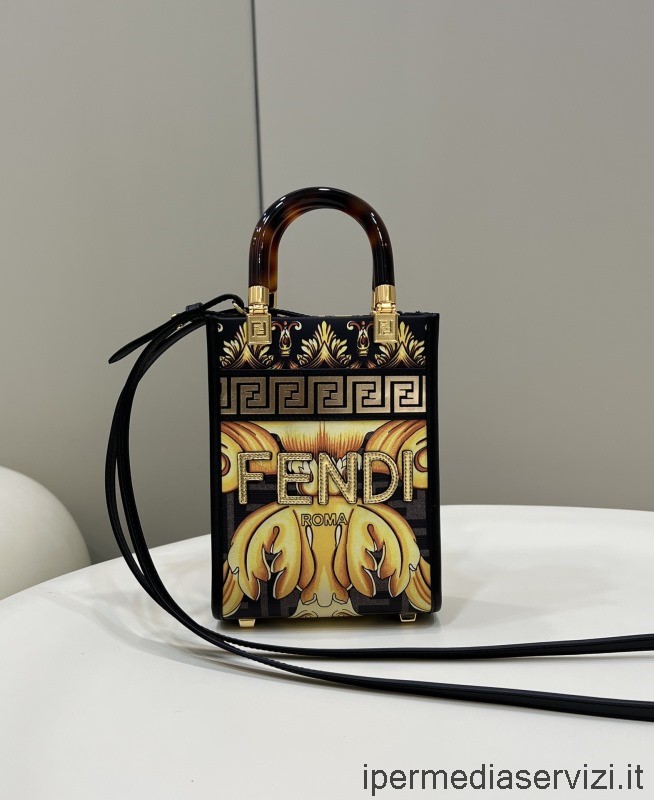 Replica Fendi X Versace Sunshine Mini Fendace Bedruckte Shopper-Tasche Aus FF-Leder Mehrfarbig 80082 13 X 6 X 18 Cm