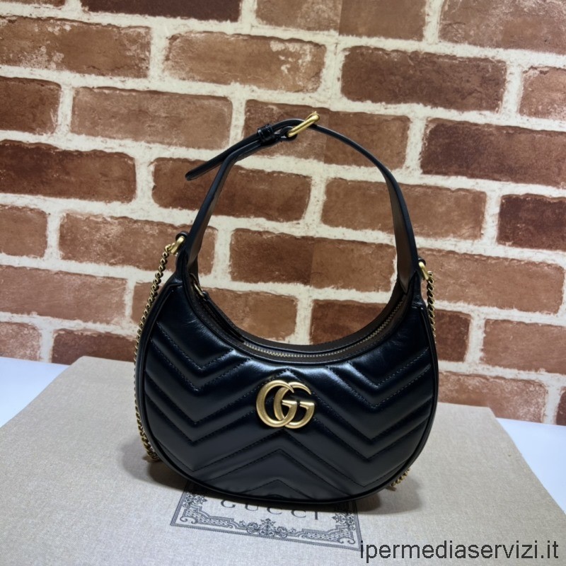 Replica Gucci GG Marmont Halbmondförmige Minitasche Mit Kette Aus Schwarzem Matelasse-Chevron-Leder 699514 21x11x5cm