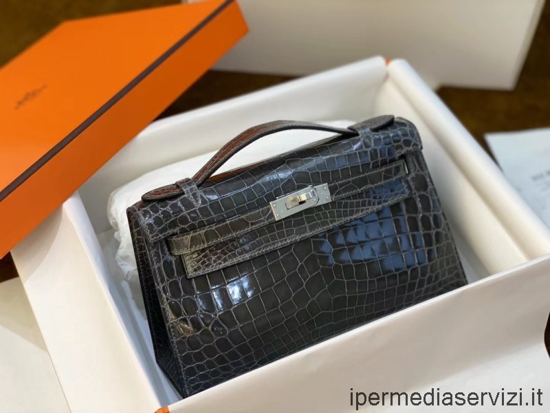 Replik Hermes Vip Grau Krokodil Mini Kelly Pochette Clutch Bag 22cm