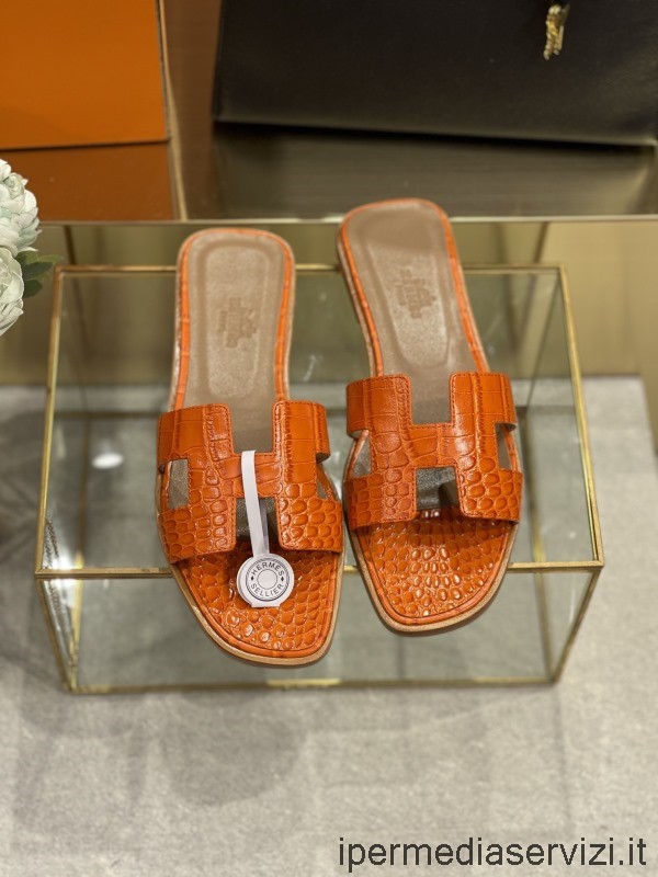 Replica Hermes Oran Slide Sandale Mit H-Ausschnitt Aus Orangefarbenem Leder Mit Krokodillederprägung 35 Bis 42