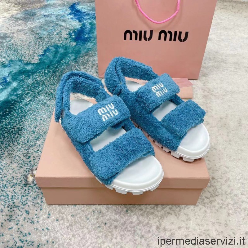 Replica Miu Miu Frottee Classic Dad Flache Sandale In Blau 35 Bis 41