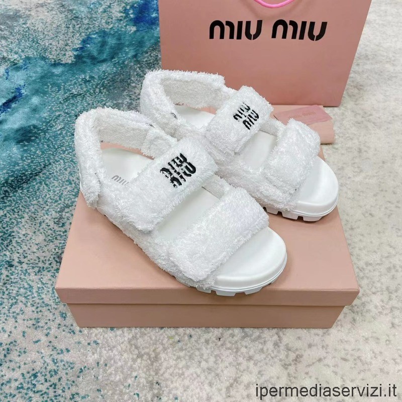 Replica Miu Miu Frottee Classic Dad Flache Sandale In Weiß 35 Bis 41