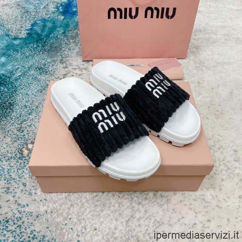 Replica Miu Miu Frottee Classic Slides Flache Sandale In Schwarz 35 Bis 41