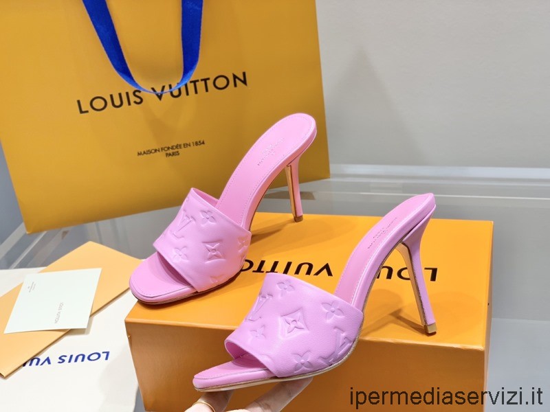 Replica Louis Vuitton Lv Revival Pantoletten-Sandale Mit Absatz In Rosa Lammleder Mit Monogramm-Prägung 100 Mm 35 Bis 41