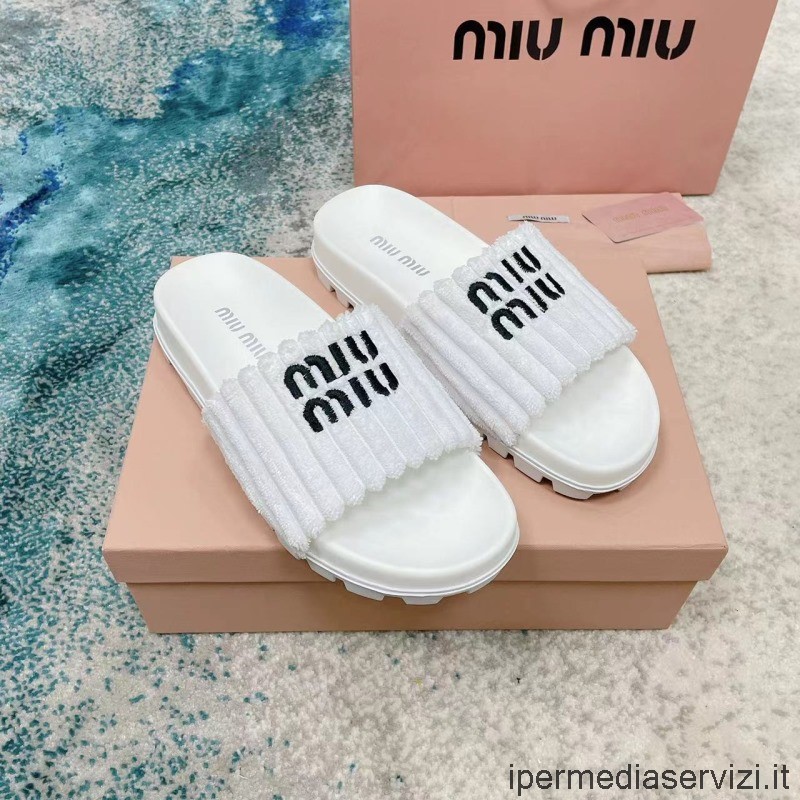 Replica Miu Miu Frottee Classic Slides Flache Sandale In Weiß 35 Bis 41