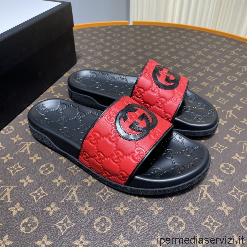 Replica Gucci 2022 Herren GG Signatur Geprägte Leder-Sandale In Rot 38 Bis 45