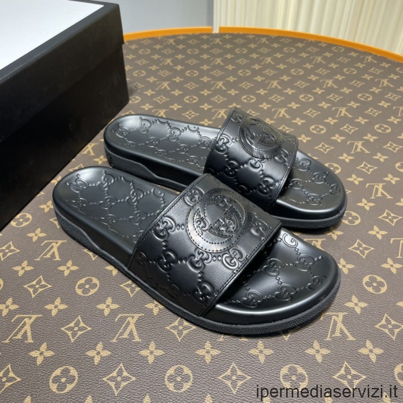 Replica Gucci 2022 Herren GG Signatur Geprägte Leder-Sandale In Schwarz 38 Bis 45