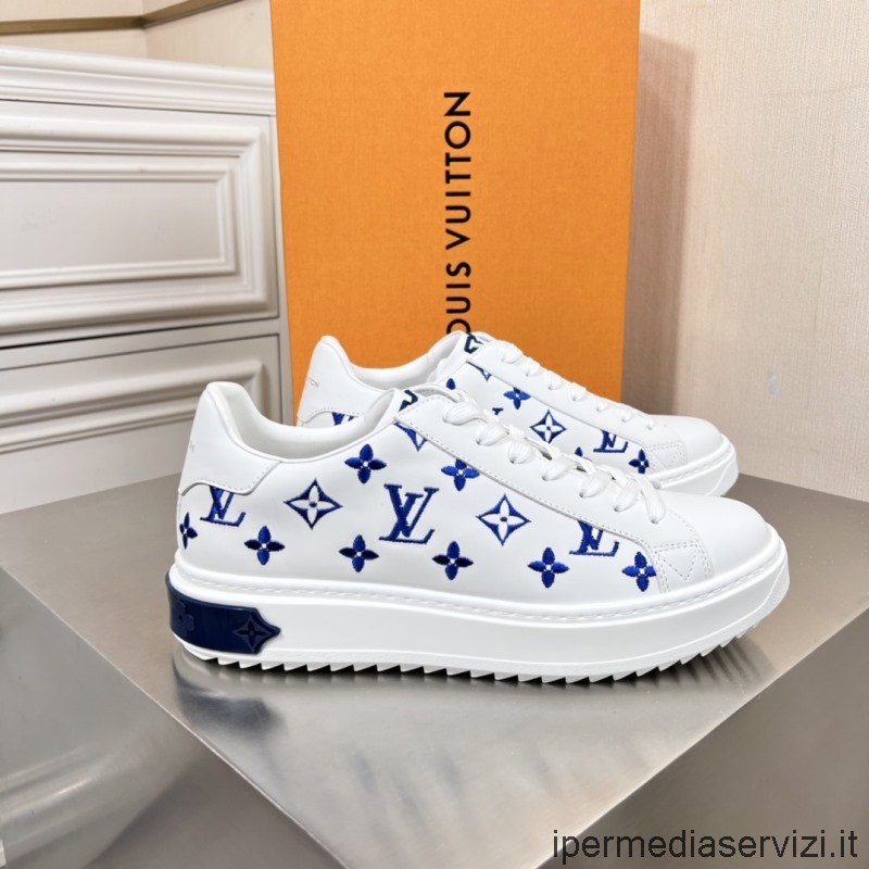 Replica Louis Vuitton Herren Time Out Sneaker Mit Blauem Monogramm Geprägtem Weißem Kalbsleder 38 Bis 45