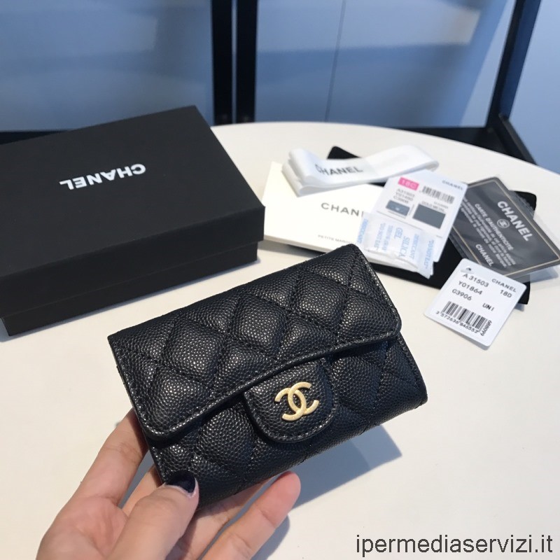 Replica Chanel Klappkartenhalter Brieftasche Aus Schwarzem Kaviarleder A31503 11x7cm