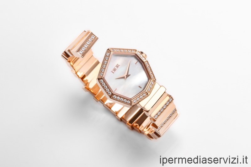 Replica Dior VIP Roségold Diamanten Und Weißes Perlmutt Edelstein Quarzwerk Uhr 27x25cm