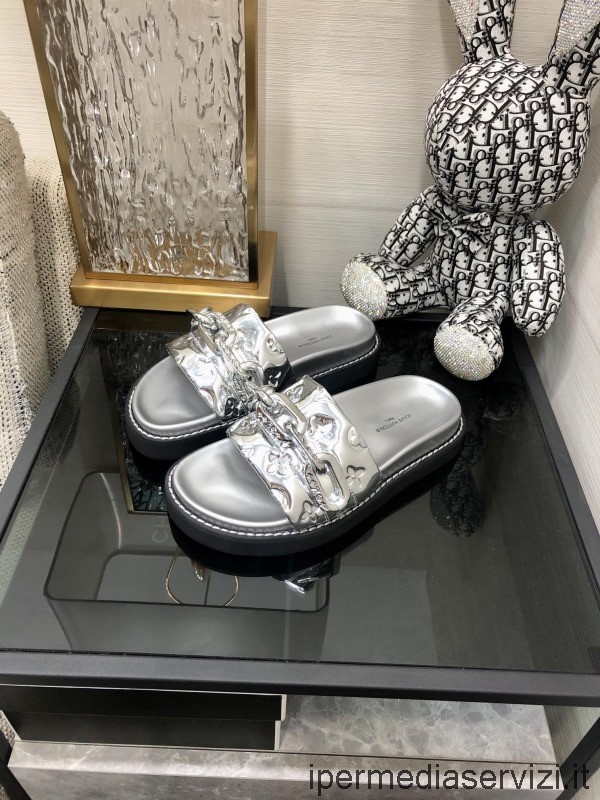 Replica Louis Vuitton Lv Monogram In Pelle Tramonto Piatto Comfort Sandalo Mule Con Catena In Argento Da 35 A 41