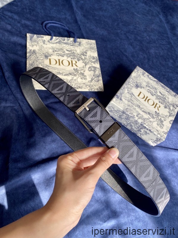 Cintura Replica Dior 2022 In Tela Blu Cd Diamond E Pelle Di Vitello Liscia 35mm