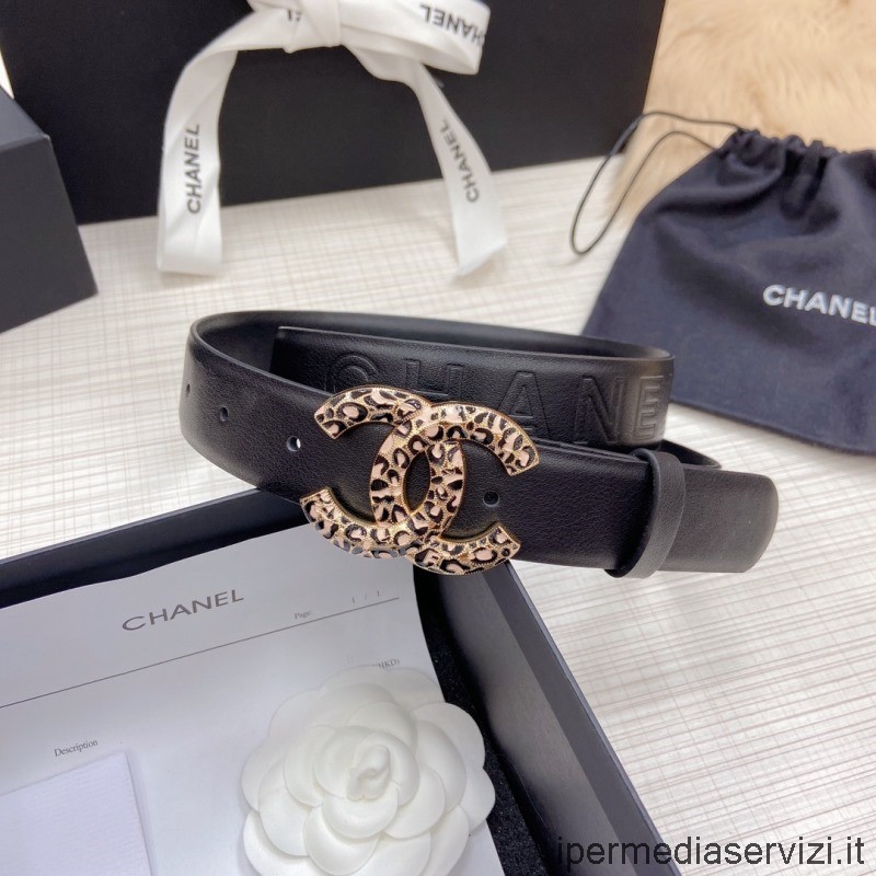 Replica Chanel Rosa Nero Cc Logo Fibbia Cintura In Pelle In Nero 30 Mm