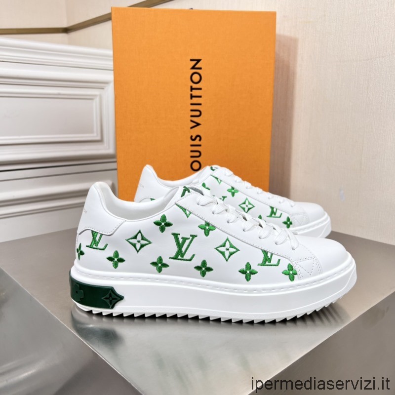 Replica Louis Vuitton Mens Time Out Sneaker Con Monogramma Verde In Rilievo Bianco Pelle Di Vitello 38 A 45